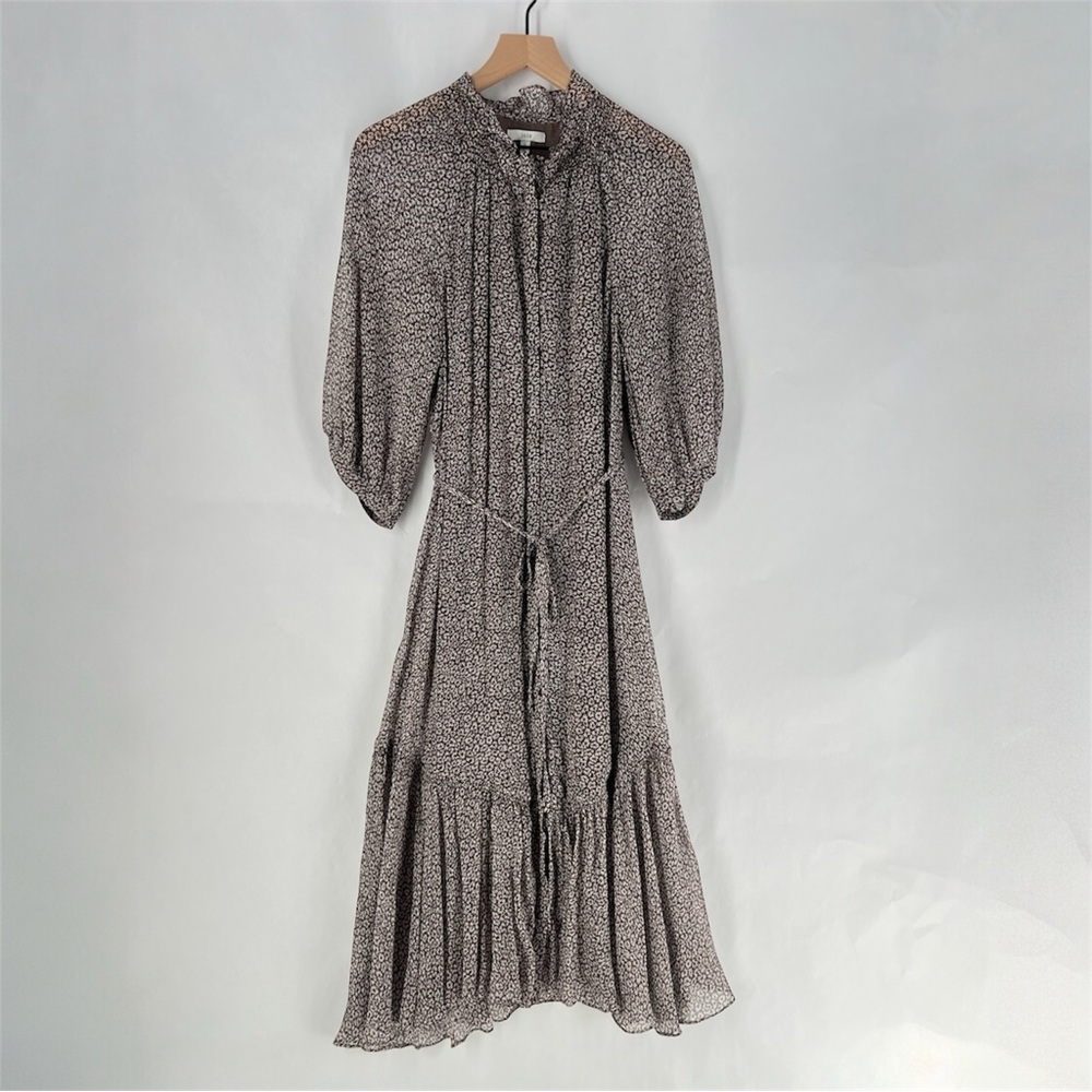 Joie Sheer Silk Floral Button Front Tie Waist Dolman Puff Sleeve Midi Dress S